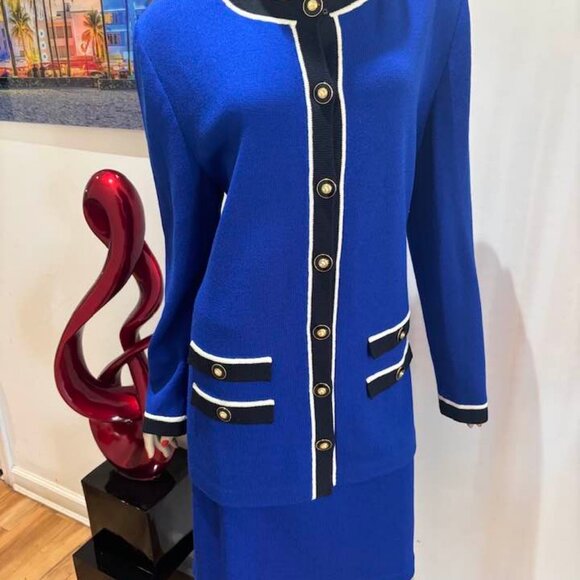 St John royal blue skirt suit set buttons embellished 14 12 L designer - Picture 3 of 4